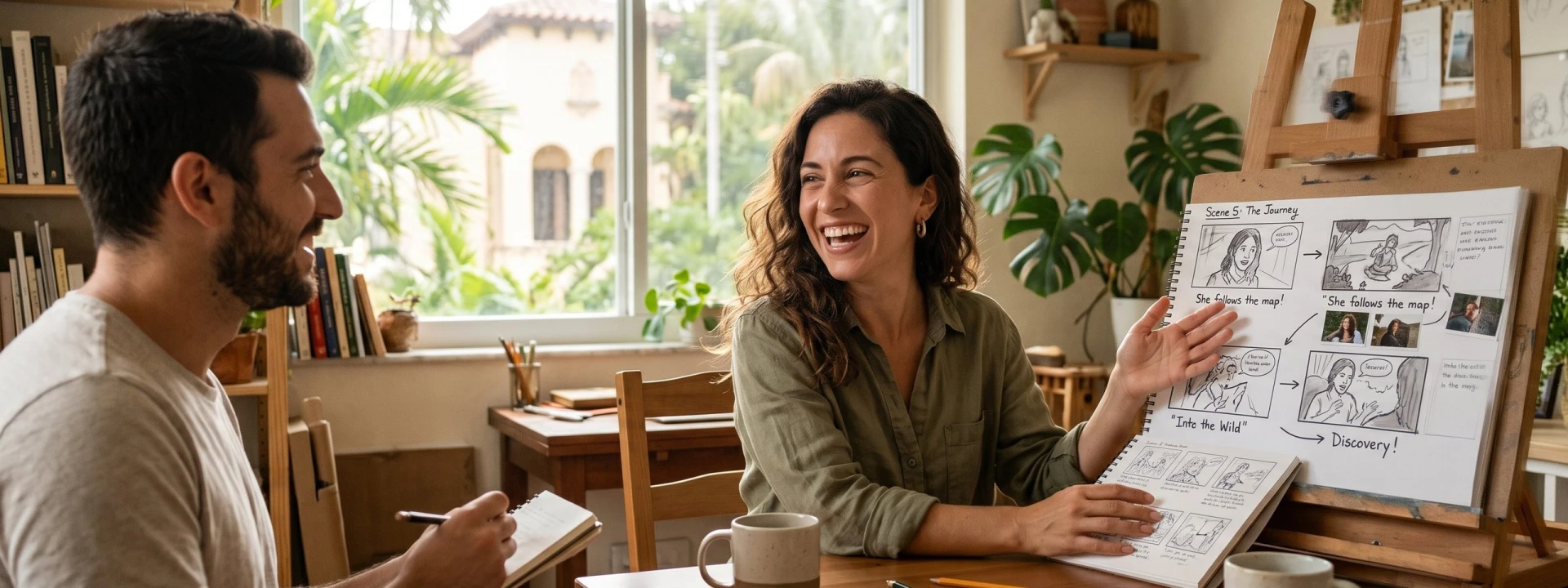 Two people sit at a table in a bright room, smiling and discussing a storyboard with hand-drawn comic panels. One holds the storyboard while the other takes notes, exploring creative career coaching. Books and plants decorate the background.