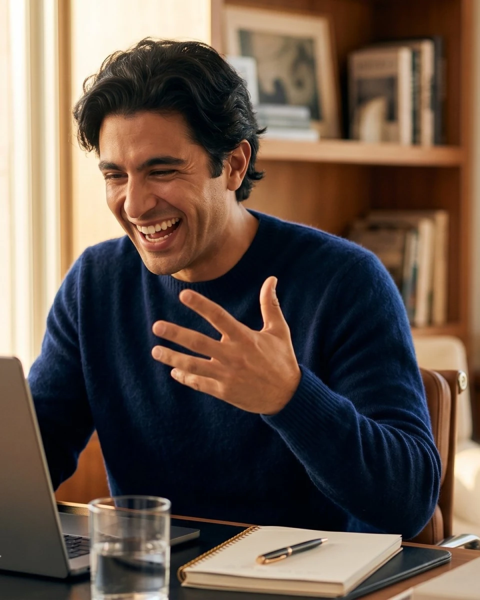 A man with dark hair, wearing a navy sweater, sits at a desk smiling and gesturing while looking at his laptop. A glass of water, notebook, and pen are on the desk; bookshelves in the background set the scene for one-on-one career coaching.